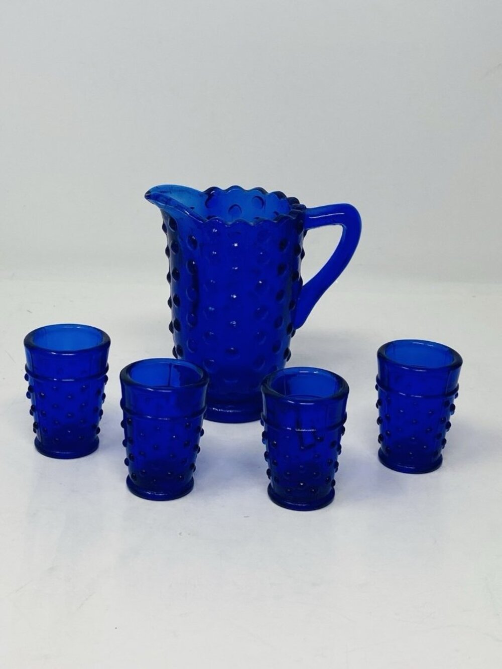 Vintage Fenton Cobalt Blue Hobnail Miniature Pitcher & 4 Glasses Set Children